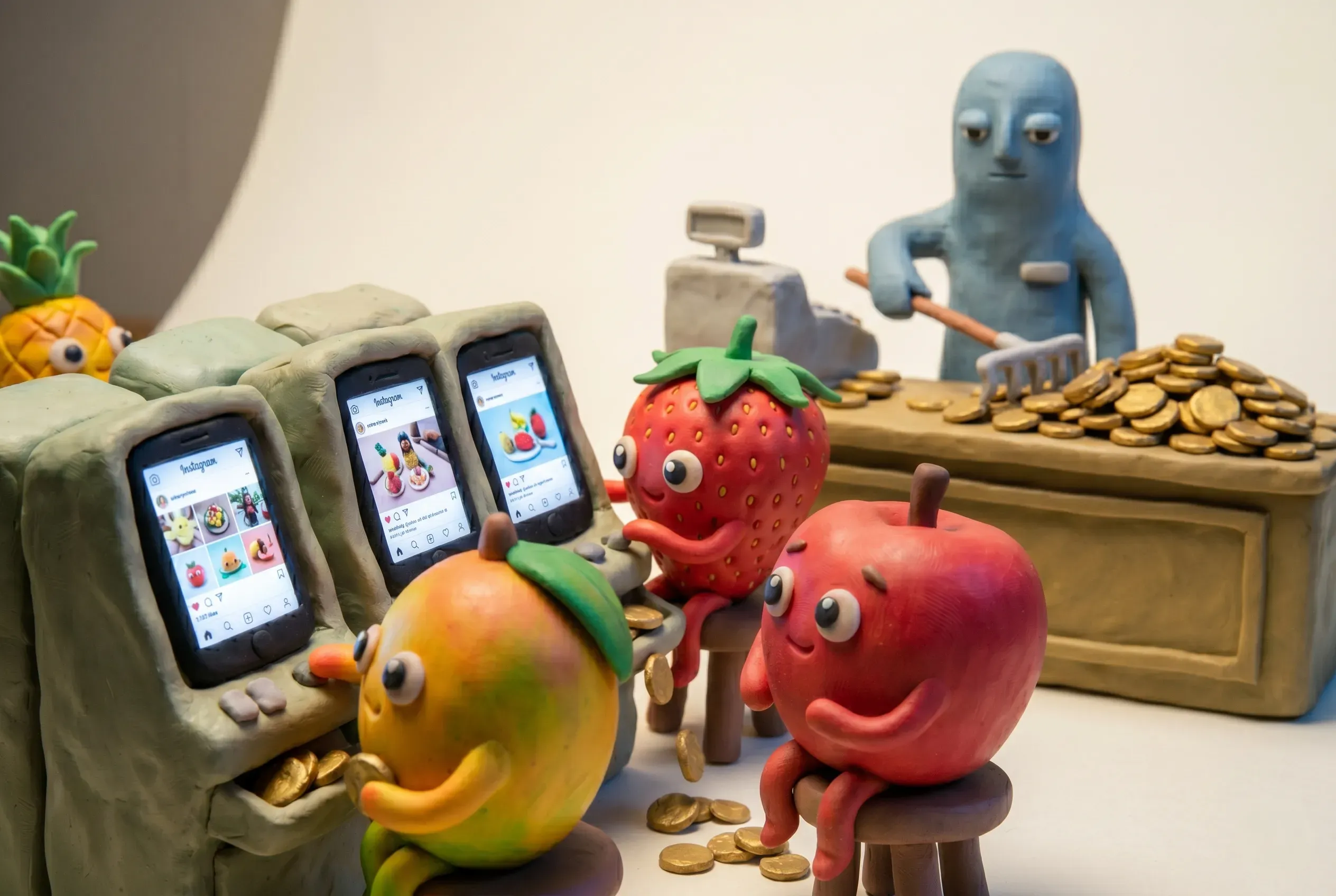 Fruit characters playing phone-screen slot machines in a casino where the house always wins.